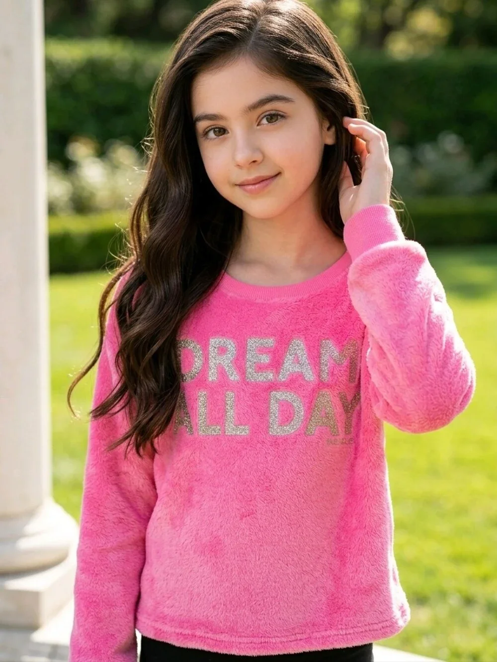 Justice Girls Pink Fuzzy Plush Sweater Dream All Day Silver Graphic Size 10 Top